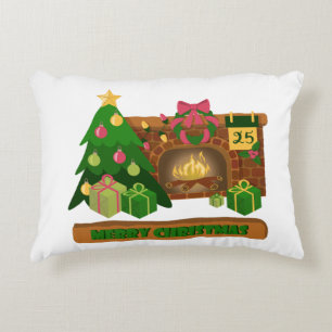 Merry Christmas near fireplace bonfire xmas tree Accent Pillow