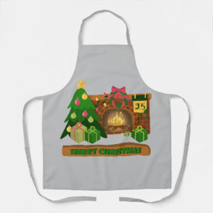 Merry Christmas near fireplace bonfire xmas tree Apron