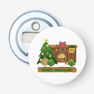 Merry Christmas near fireplace bonfire xmas tree Bottle Opener