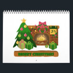 Merry Christmas near fireplace bonfire xmas tree Calendar<br><div class="desc">Lettering Merry Christmas near cozy fireplace</div>