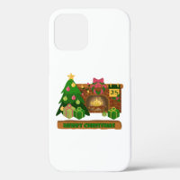 Merry Christmas near fireplace bonfire xmas tree