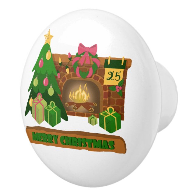 Merry Christmas near fireplace bonfire xmas tree Ceramic Knob (Right)