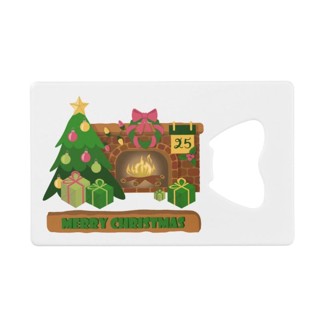 Merry Christmas near fireplace bonfire xmas tree Credit Card Bottle Opener (Front (Horizontal))