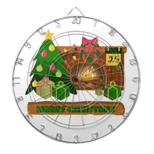 Merry Christmas near fireplace bonfire xmas tree Dartboard