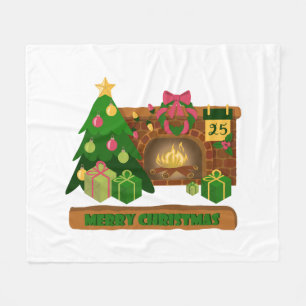 Merry Christmas near fireplace bonfire xmas tree Fleece Blanket