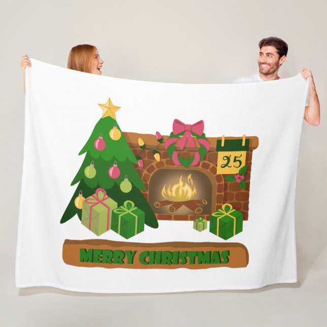 Merry Christmas near fireplace bonfire xmas tree Fleece Blanket (In Situ)