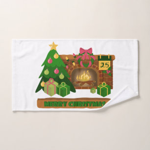 Merry Christmas near fireplace bonfire xmas tree Hand Towel