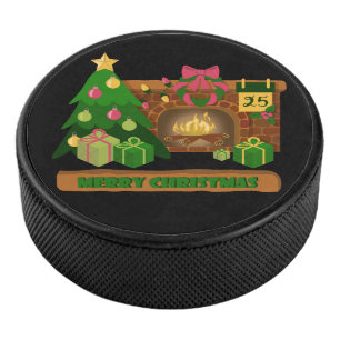 Merry Christmas near fireplace bonfire xmas tree Hockey Puck