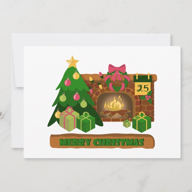 Merry Christmas near fireplace bonfire xmas tree Holiday Card (Front)