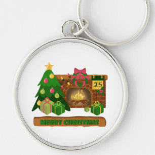 Merry Christmas near fireplace bonfire xmas tree Keychain