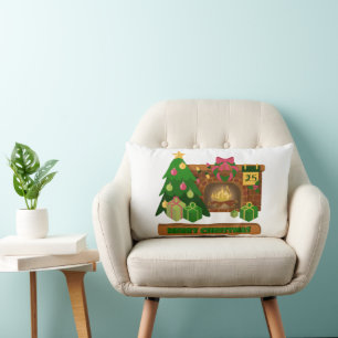 Merry Christmas near fireplace bonfire xmas tree Lumbar Pillow