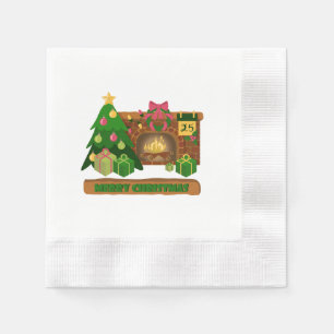 Merry Christmas near fireplace bonfire xmas tree Napkin