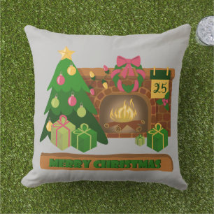 Merry Christmas near fireplace bonfire xmas tree Outdoor Pillow