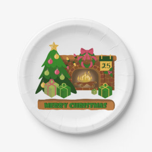 Merry Christmas near fireplace bonfire xmas tree Paper Plate