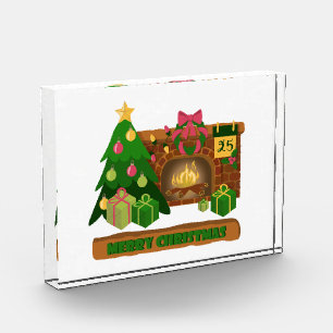 Merry Christmas near fireplace bonfire xmas tree Photo Block