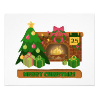Merry Christmas near fireplace bonfire xmas tree