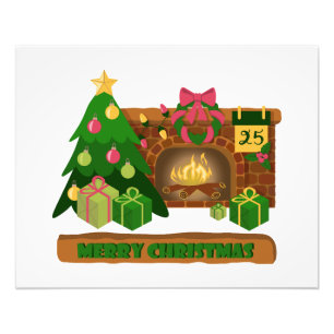 Merry Christmas near fireplace bonfire xmas tree Photo Print