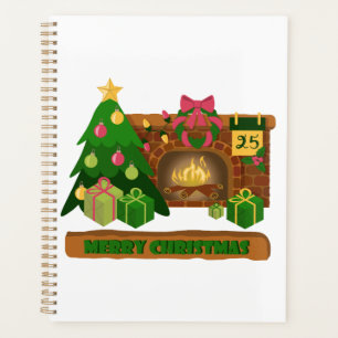 Merry Christmas near fireplace bonfire xmas tree Planner