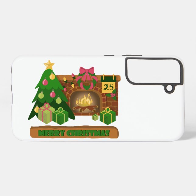 Merry Christmas near fireplace bonfire xmas tree Samsung Galaxy S22+ Case (Back Horizontal)
