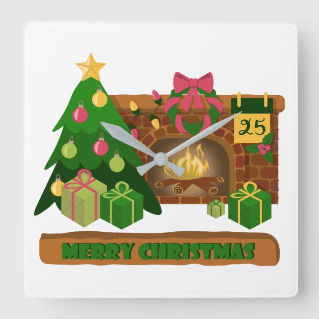 Merry Christmas near fireplace bonfire xmas tree Square Wall Clock (Front)