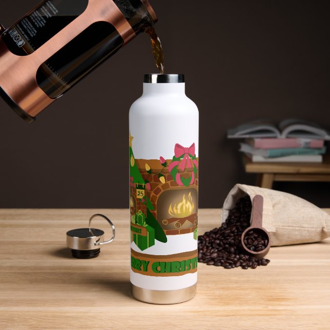Merry Christmas near fireplace bonfire xmas tree Water Bottle (Coffee)