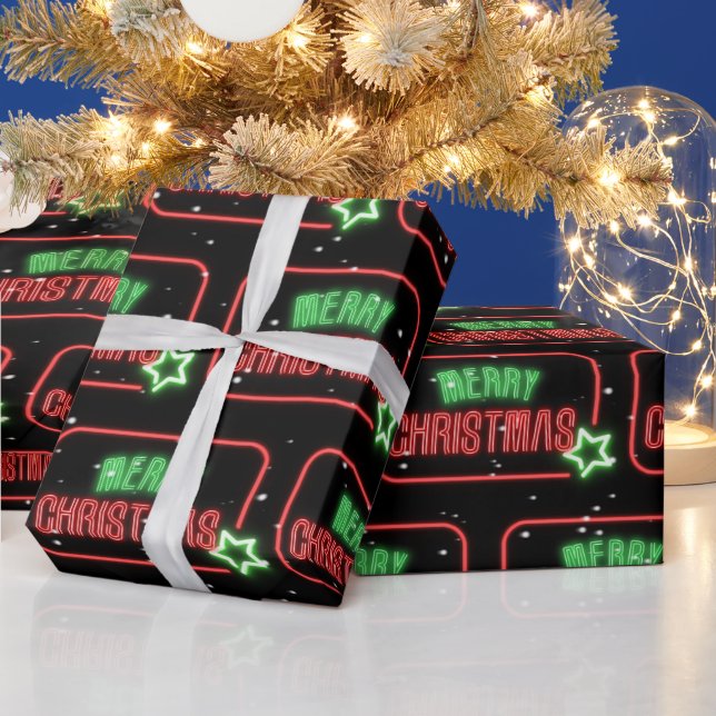Merry Christmas Neon Sign Snowflakes Wrapping Paper (Holidays)