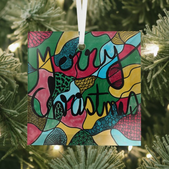 MERRY CHRISTMAS NEUROGRAPHIC & BLACK LINE  GLASS ORNAMENT (Insitu)