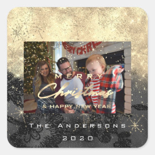Merry Christmas New Gold Glitter Photo Black Square Sticker