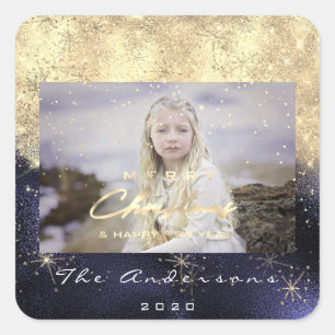 Merry Christmas New Gold Glitter Photo Blue Navy Square Sticker