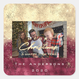 Merry Christmas New Gold Glitter Photo Burgundy Square Sticker