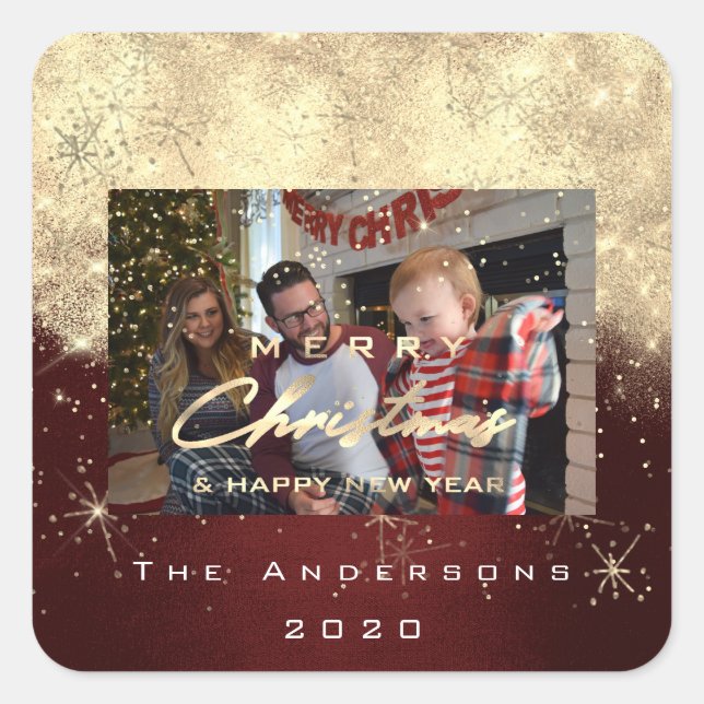 Merry Christmas New Gold Glitter Photo Maroon Square Sticker (Front)