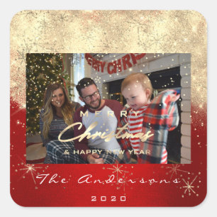 Merry Christmas New Gold Glitter Photo Red Spark Square Sticker