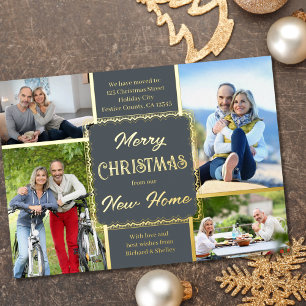 Merry Christmas New Home 4 Photo Grey and Gold Foil Holiday Card
