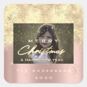 Merry Christmas New Sepia Gold Glitter Photo Blush Square Sticker