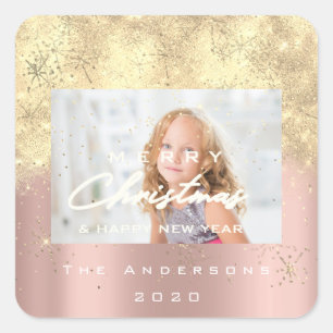 Merry Christmas New Sepia Gold Glitter Photo Blush Square Sticker