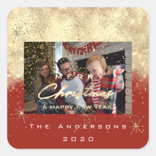 Merry Christmas New Sepia Gold Glitter Photo Red Square Sticker