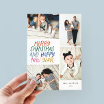 Merry Christmas New Year Colorful 4 Photo Collage  Holiday Card<br><div class="desc">This stylish and festive multi-photo holiday card features handwritten styled type in bright colors with a photo collage showcasing 4 of your photos. The back side features a floating dot pattern in matching colors. Just add your photos and text with a few taps and clicks and you're done. To customize...</div>