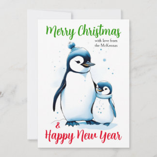 Merry Christmas New Year Cute Watercolor Penguins Holiday Card