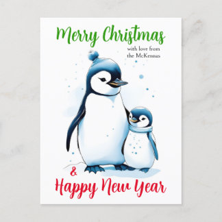 Merry Christmas New Year Cute Watercolor Penguins Holiday Postcard