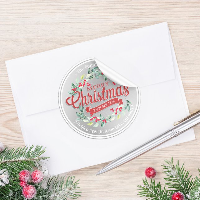 Merry Christmas New Year Floral Red Berry Address Classic Round Sticker (Creator Uploaded)