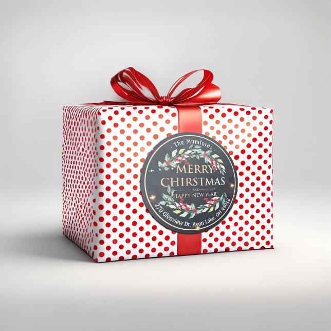 Merry Christmas New Year Floral Red Berry Address Classic Round Sticker (Creator Uploaded)