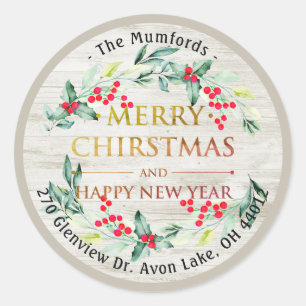 Merry Christmas New Year Floral Red Berry Address Classic Round Sticker
