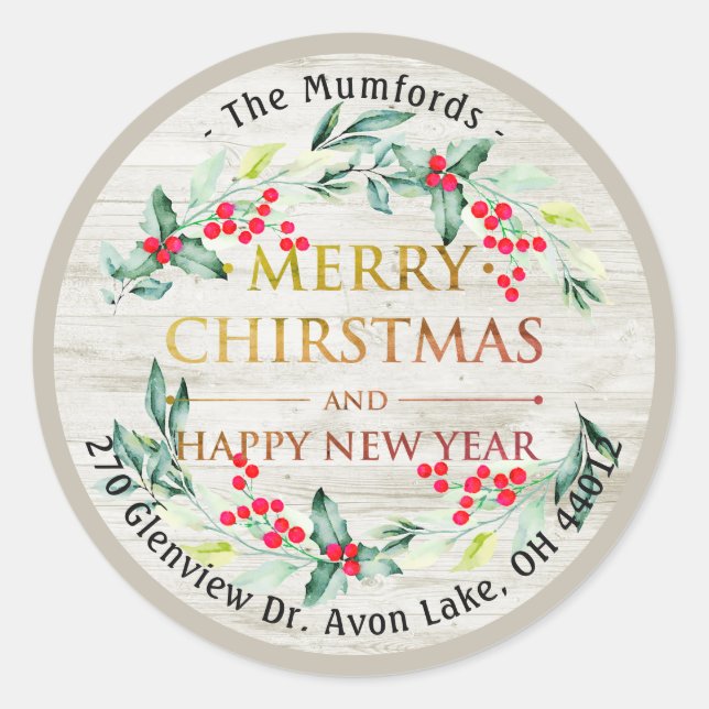Merry Christmas New Year Floral Red Berry Address Classic Round Sticker (Front)