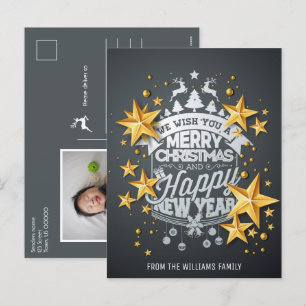 Merry Christmas New Year Photo Wishes Gold Stars Holiday Postcard