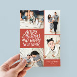 Merry Christmas New Year Red 4 Photo Collage Holid Holiday Card<br><div class="desc">This stylish and festive 4-Photo holiday card features handwritten style greeting in bright colours and a photo collage showcasing your photos. The back side features a floating dot pattern with matching colours. Turn the photos that you love into a personalized holiday card this year. Quick and To customize even further,...</div>