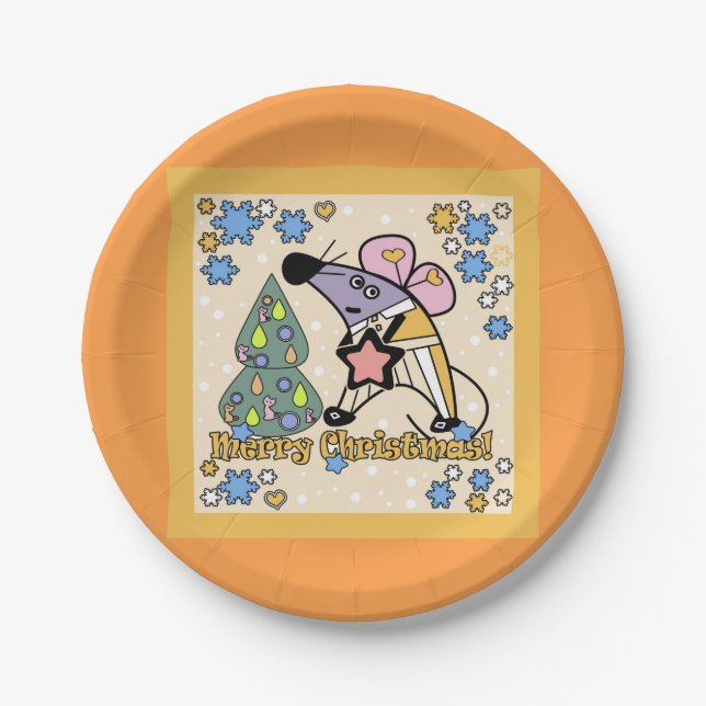 Merry Christmas New Year Symbol Mouse Cartoon cute Paper Plate (Front)