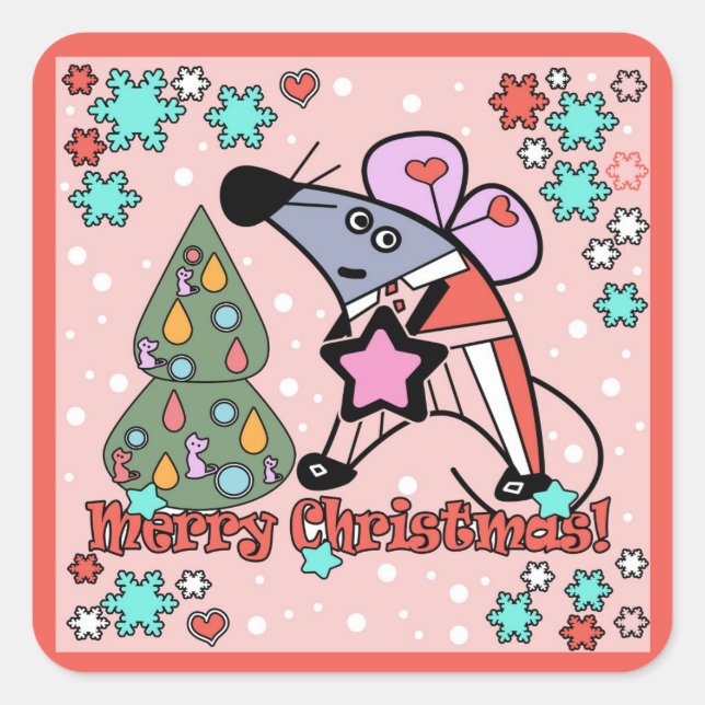 Merry Christmas New Year Symbol Mouse Cartoon cute Square Sticker (Front)