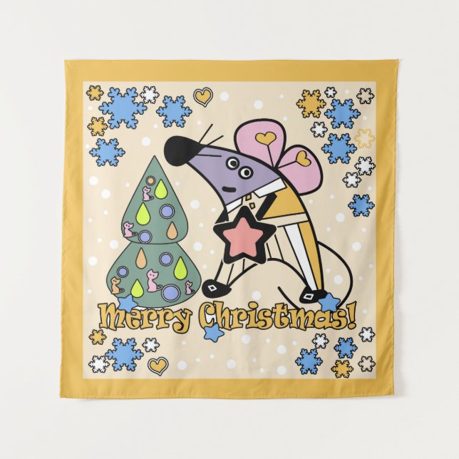 Merry Christmas New Year Symbol Mouse Cartoon cute Tapestry (Front)