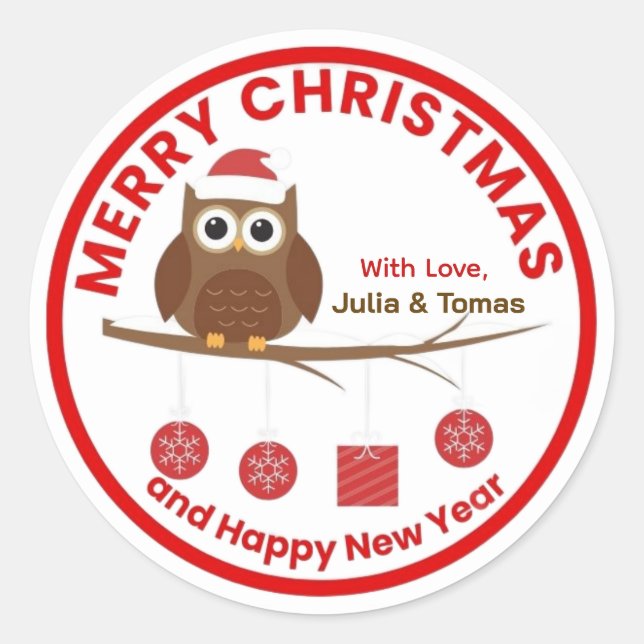 Merry Christmas & New Year Winter Cute Owl Name  Classic Round Sticker (Front)
