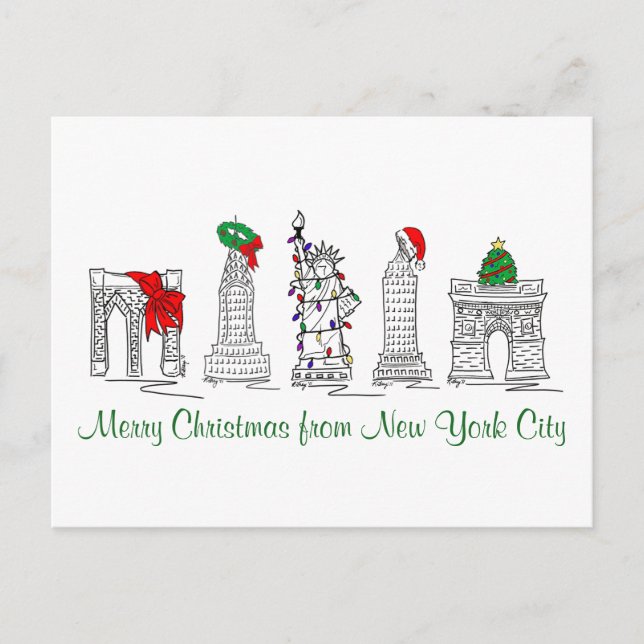 Merry Christmas New York City NYC Xmas Pen and Ink Holiday Postcard (Front)